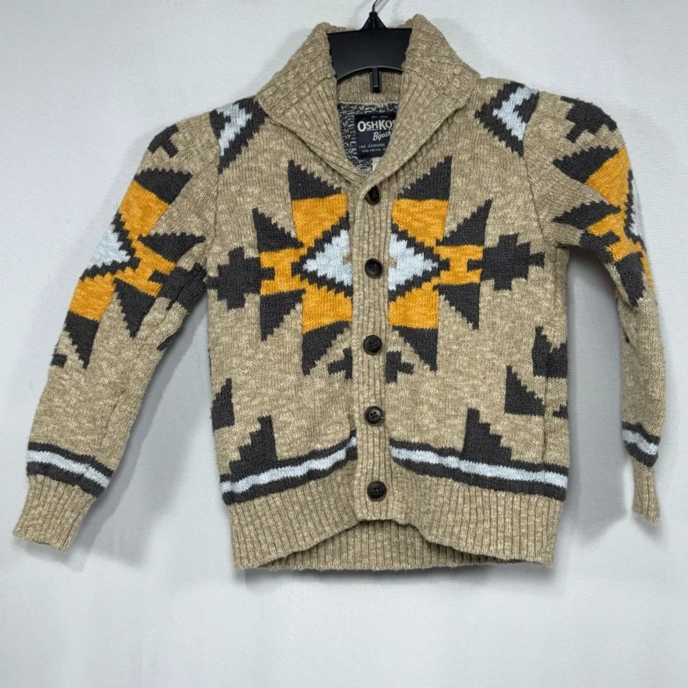 Boys Southwestern Aztec OshKosh B'gosh Tan Cotton Blend Shawl Collar Cardigan 6‎
